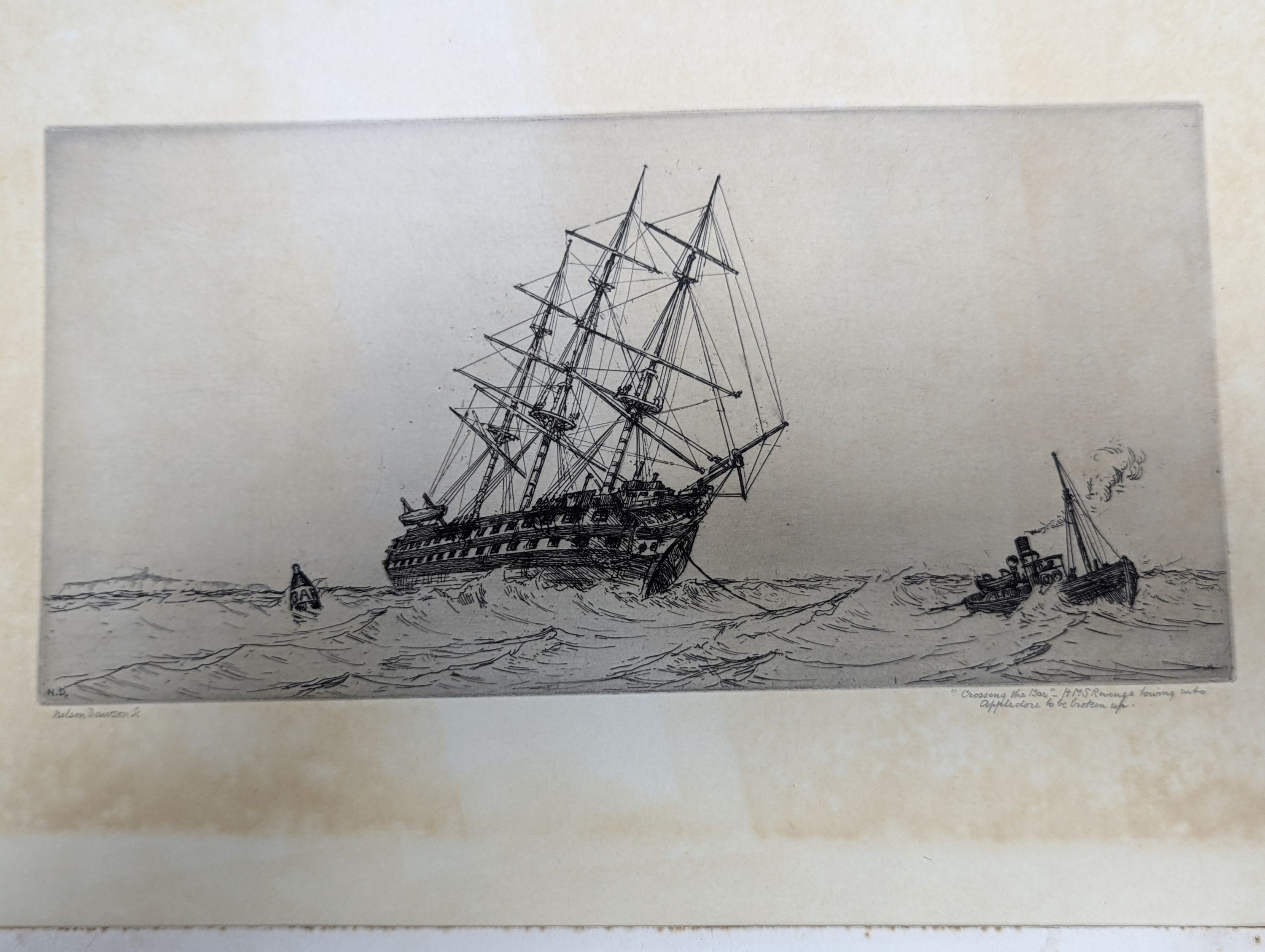 Nelson Dawson (1859-1941) an original drawing and the corresponding etching, 'Crossing The Bar -